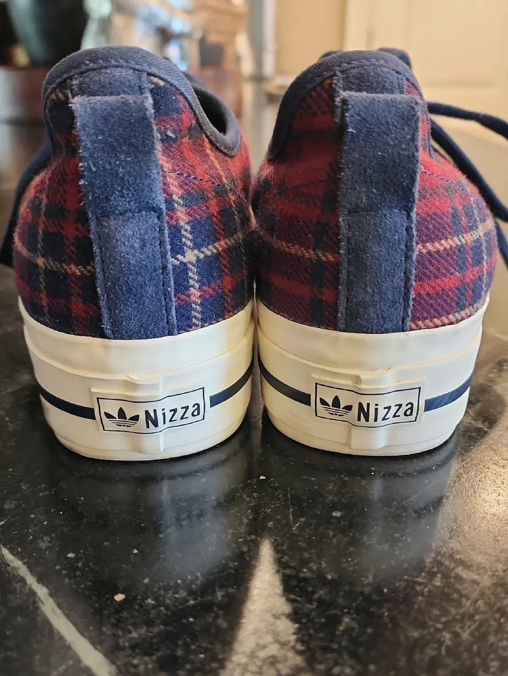 Womens Adidas Nizza Red Plaid Sneakers with Navy Laces Size 10